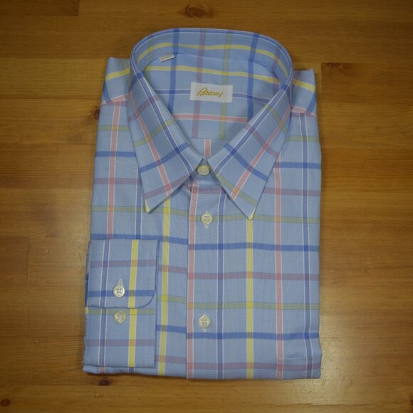 $950 NEW BRIONI DRESS SHIRT BLUE SALMON PINK PLAID CHECK HAND MADE XL 43 17 - Picture 7 of 11